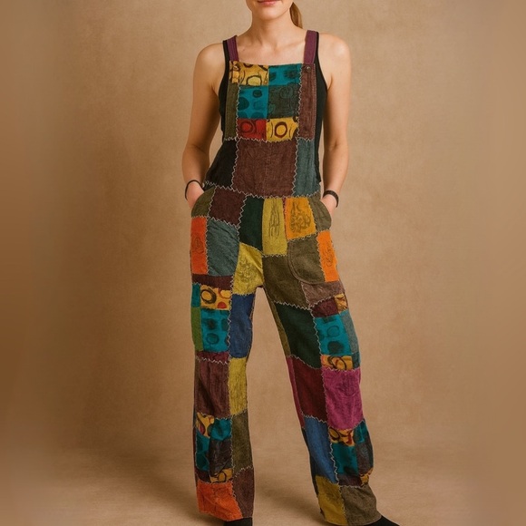 Rising International Pants - Rising International Boho Hippie Quilt Cross Stitch Block Print Pattern Overalls